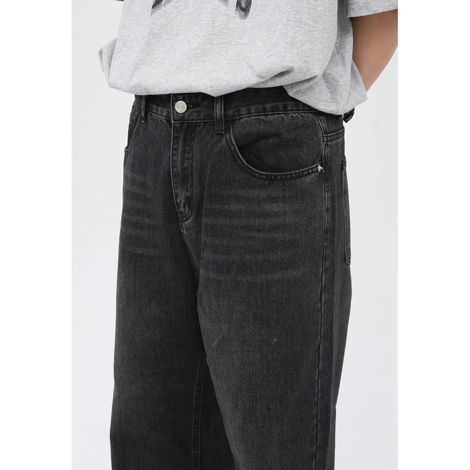 Four Seasons Men Jeans Korean Version Simple Loose Straight Mid Waist Solid Color Jeans Hip Hop Streetwear Ins Hot Men Clothing