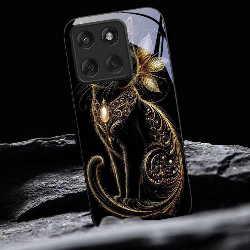 Фото Чехол для телефона Mystic Golden Pearl Cat из черного стекла для Motorola Moto Edge 60 70 20 Lite 30 Pro 40 50 Ultra X30 Pro G14 G75 G84 №5