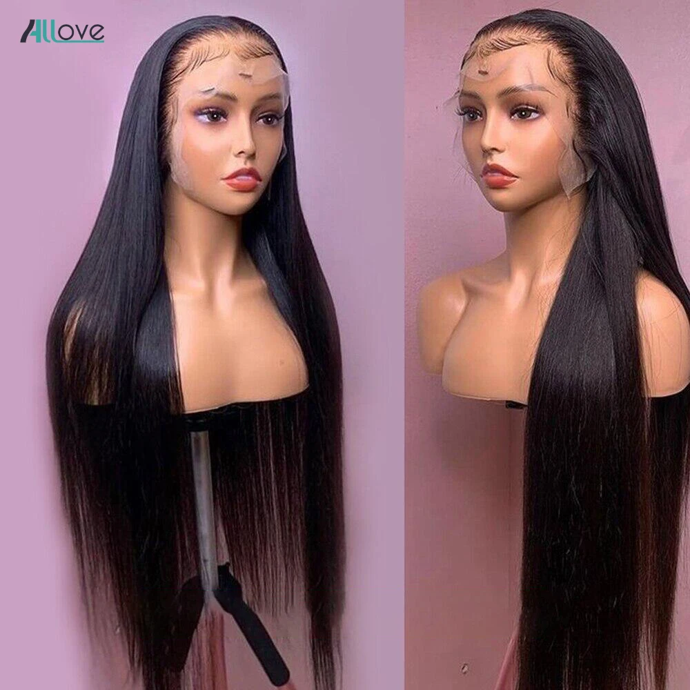 Allove прямые человеческие волосы парики прозрачные кружевные для женщин