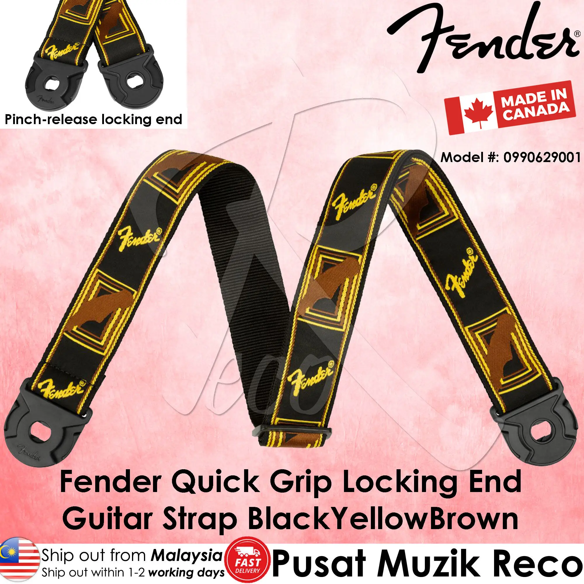 

Fender Quick Grip Locking End Guitar Strap Quickgrip Guitar Strap with Lock Monogram Black Yellow Brown
