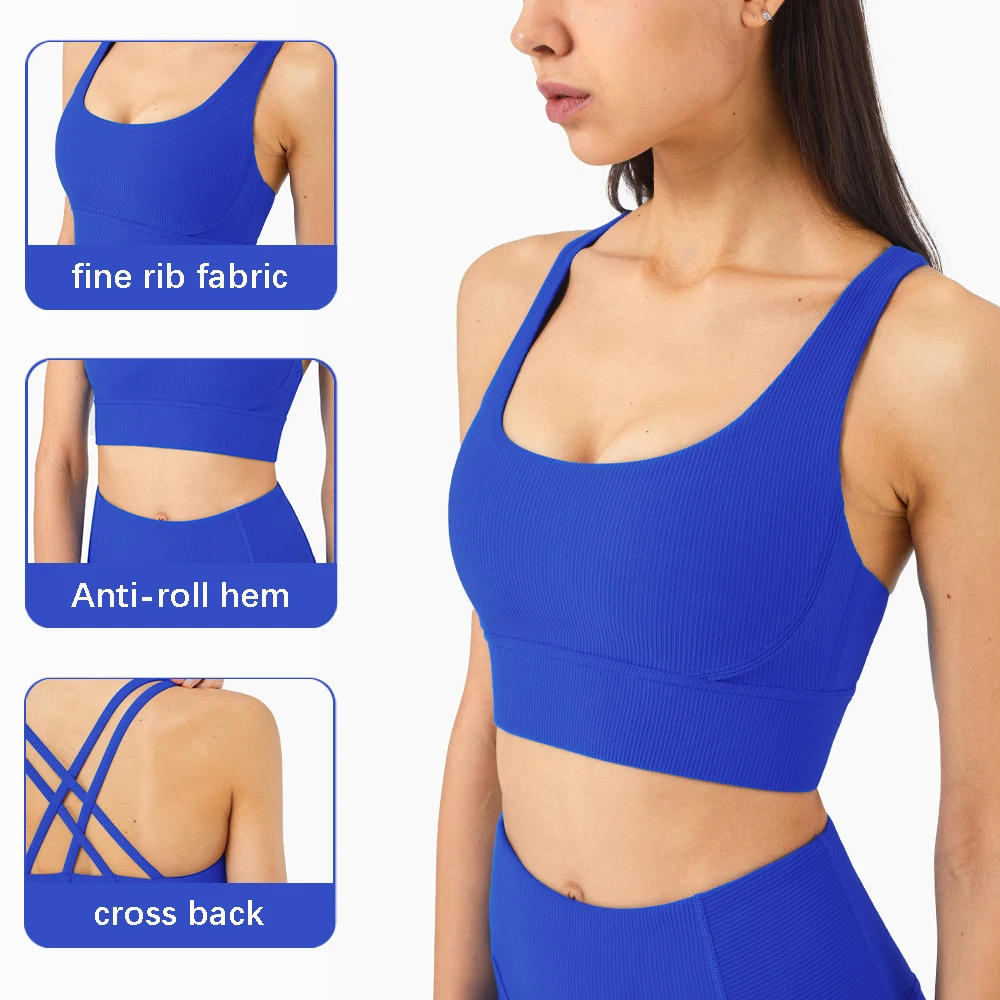 

Lulu Woman Naked Yoga Cropped Sports Bra Fine Rib Gym Top Underwear Sets Breathable Seamless Fitness Backless Jogging Bralette