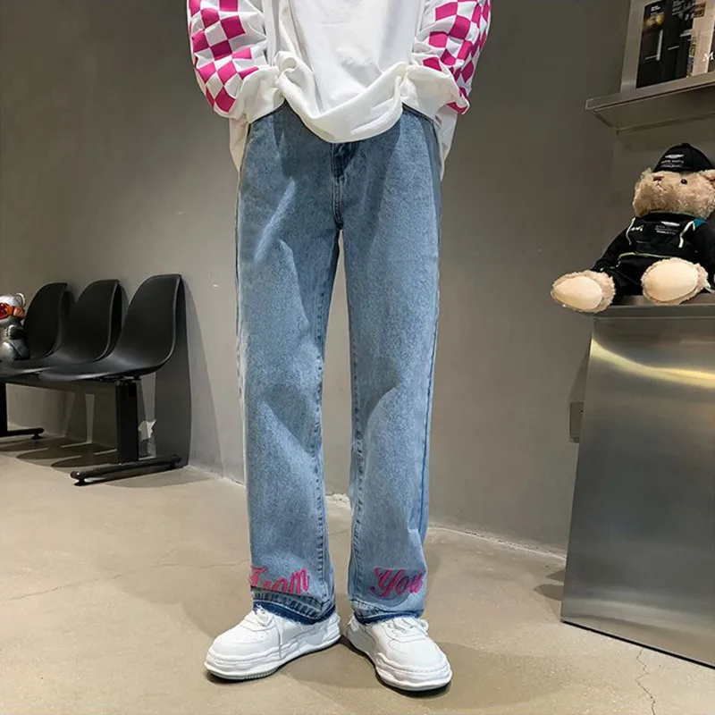 Streetwear Gothic Lettering Embroidery Jeans For Men Y2k Straight Pants Fashion Baggy Jeans Women's Jeans 2023 Trend Trousers