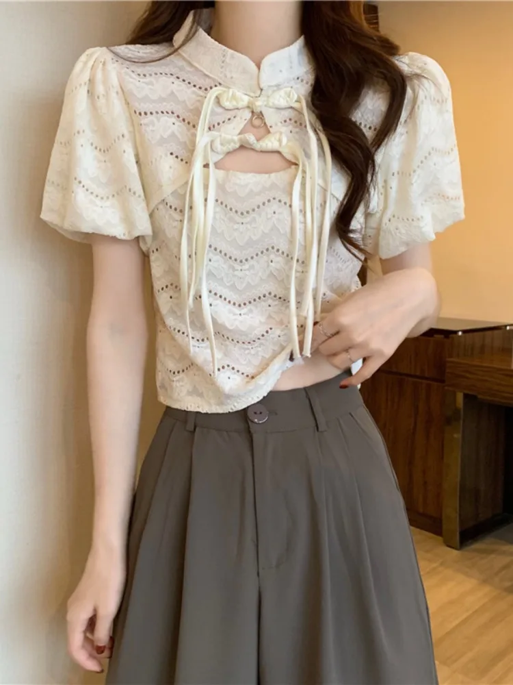 Китайские рубашки с короткими рукавами и открытой пряжкой на шнуровке женские