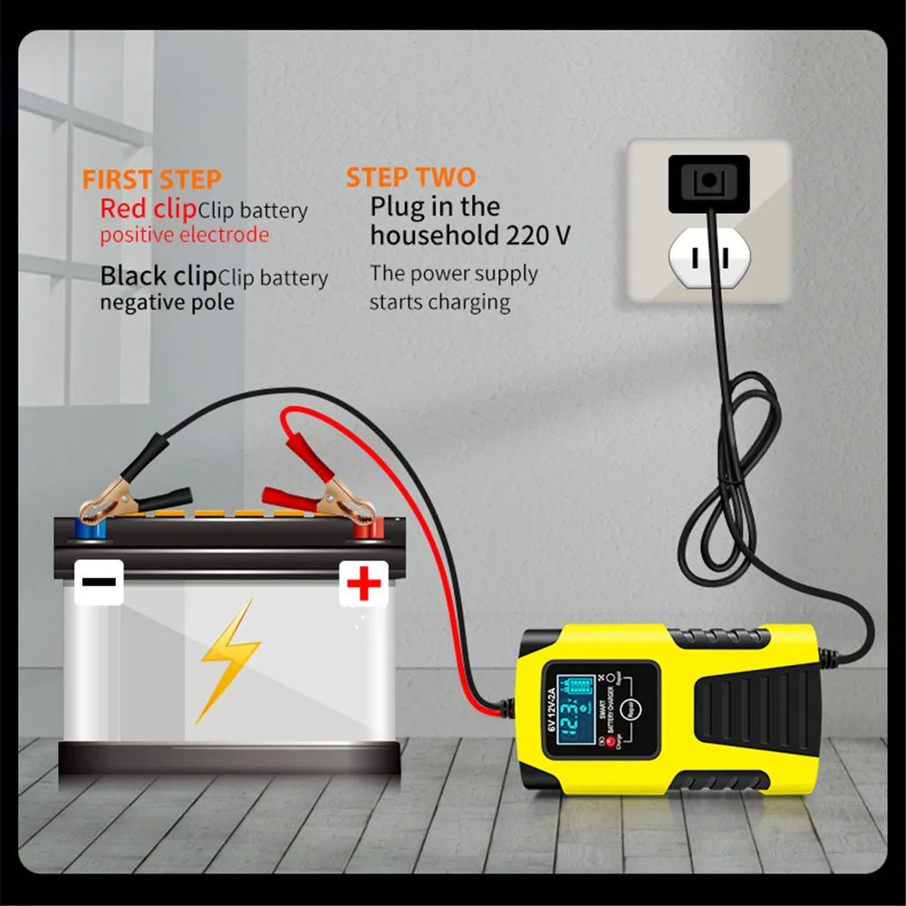 Smart Car Battery Charger 6V 12V 2A Full Automatic Battery Charge Machine LCD Display for Auto Jeep Motorcycle with Pulse Repair