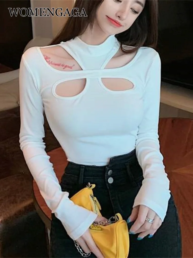 

WOMENGAGA Slim TShirt Top Female Autumn Hollow Long Sleeve Tight T-shirt Hollow Out T-shirt Tees Hot Sexy Korean Women X6OW