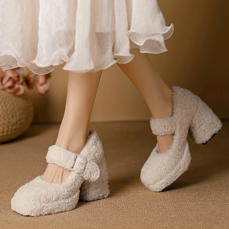 

High Platform Lambswool Mary Jane Shoes Woman Retro Teddy Fur Thick Sole Pumps Ladies Winter Warm Plush Dress Zapatos