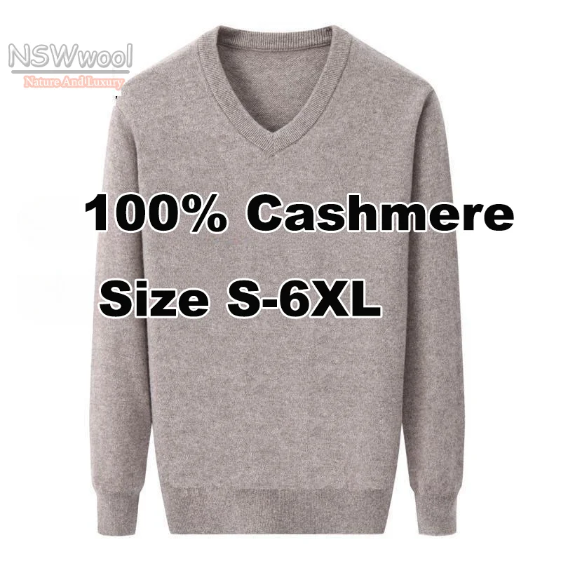 Men's Luxury 100% Pure Cashmere Large Coat Casual V-neck Computer Knitted Thick Pullovers Sweater Plus Size S M LXL2XL3XL-6XL