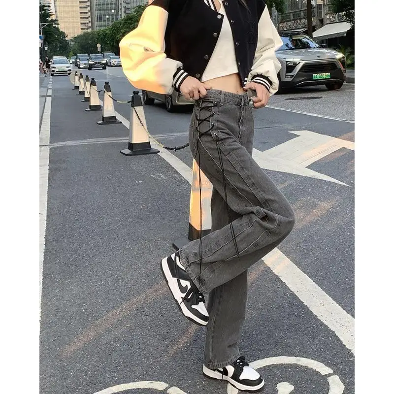 Girls Gray Casual Straight-leg Pants High-waisted Slim Jeans Autumn Winter Women Straps Loose Trousers All-match Wide-leg Pants