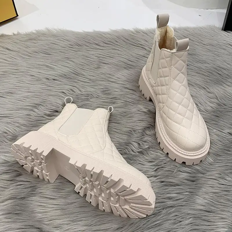 Black Beige Women's Boots Non-Slip Snow Boots Women Raise The Bottom Warm with Velvet Short Lattice Boots Platform Boots