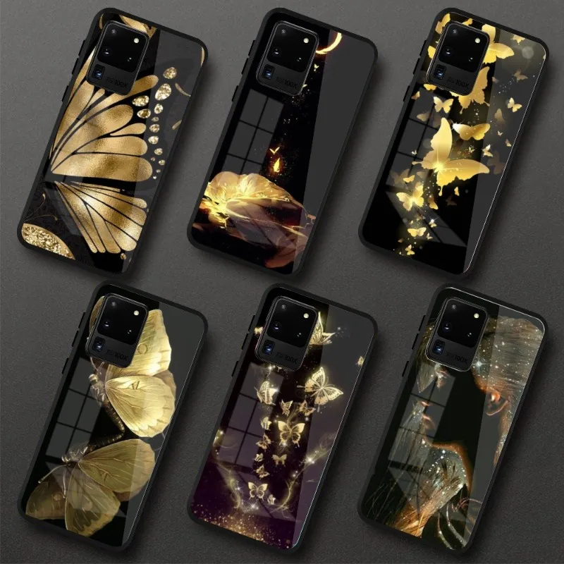 Sac Gold Flower Butterfly Phone Case For Samung A32 A51 A52 NOTE 10 20 S10 S20 S21 S22 Pro Ultra Black PC Glass Phone Cover