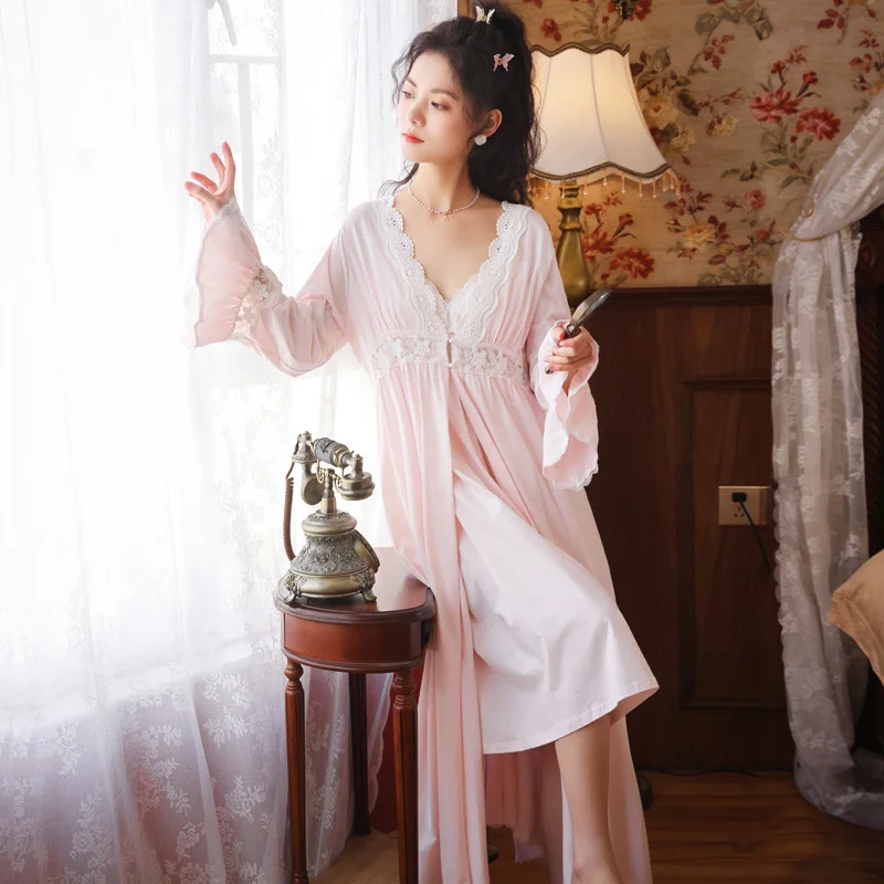 Long sleeved cotton Nightgown set women's summer and autumn suspender nightdress home clothes palace style Princess pajamas