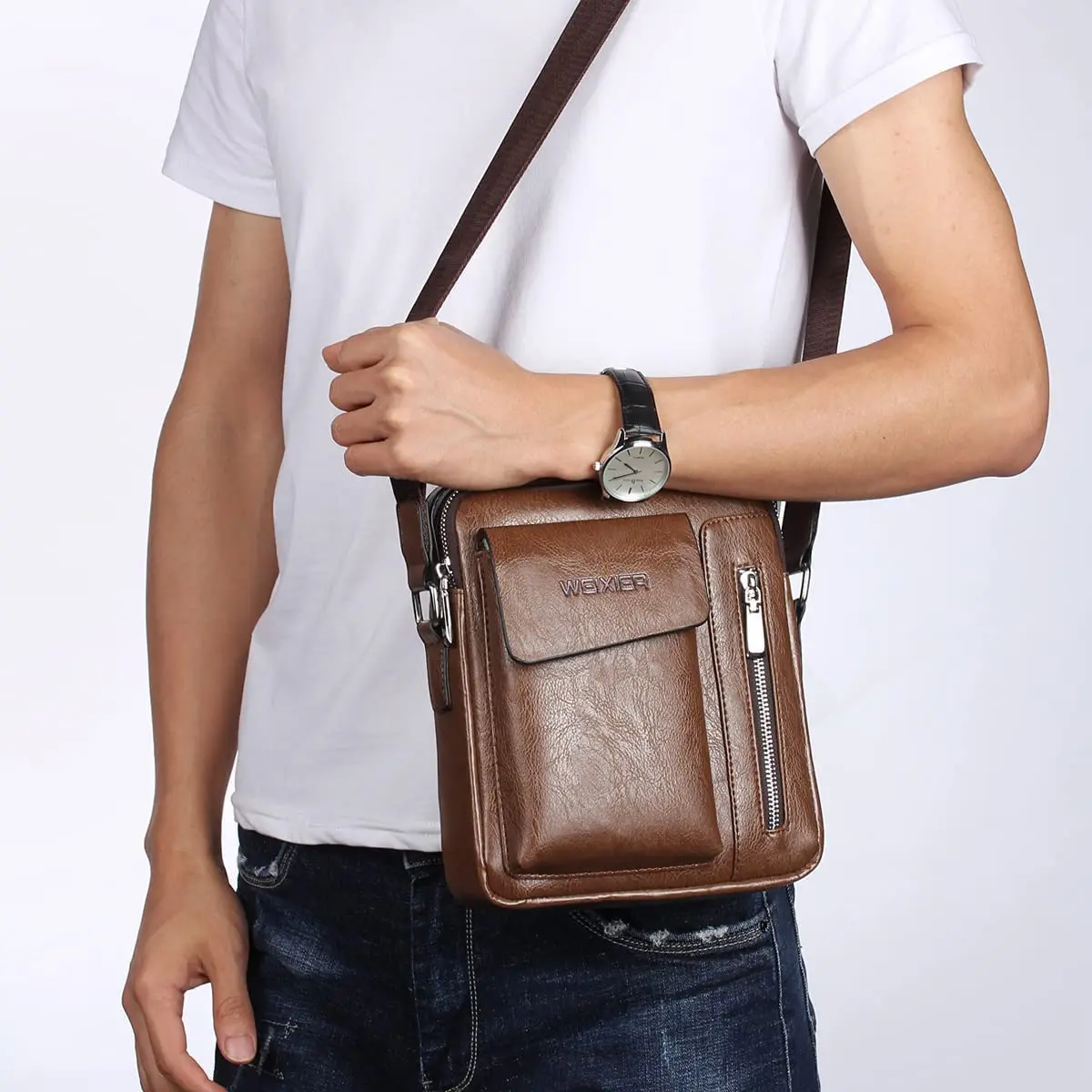 Small Crossbody Bag for Mens Leather Shoulder Bags Handbag Travel for Man Purse Sport Hiking Business Brown
