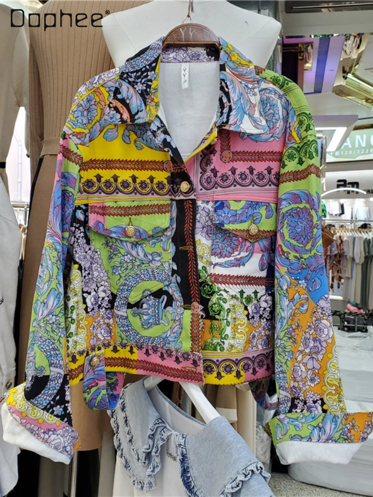 

Женская джинсовая куртка с длинным рукавом, однобортная короткая куртка с воротником-поло и винтажным принтом, весна-осень 2023