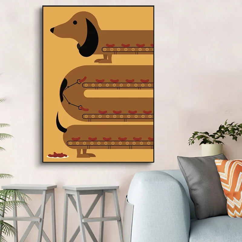 

Funny Dachshund Dog Wall Art Canvas Painting Cartoon Pet Dog Animal Posters Prints Picture for Living Room Home Decor No Frame