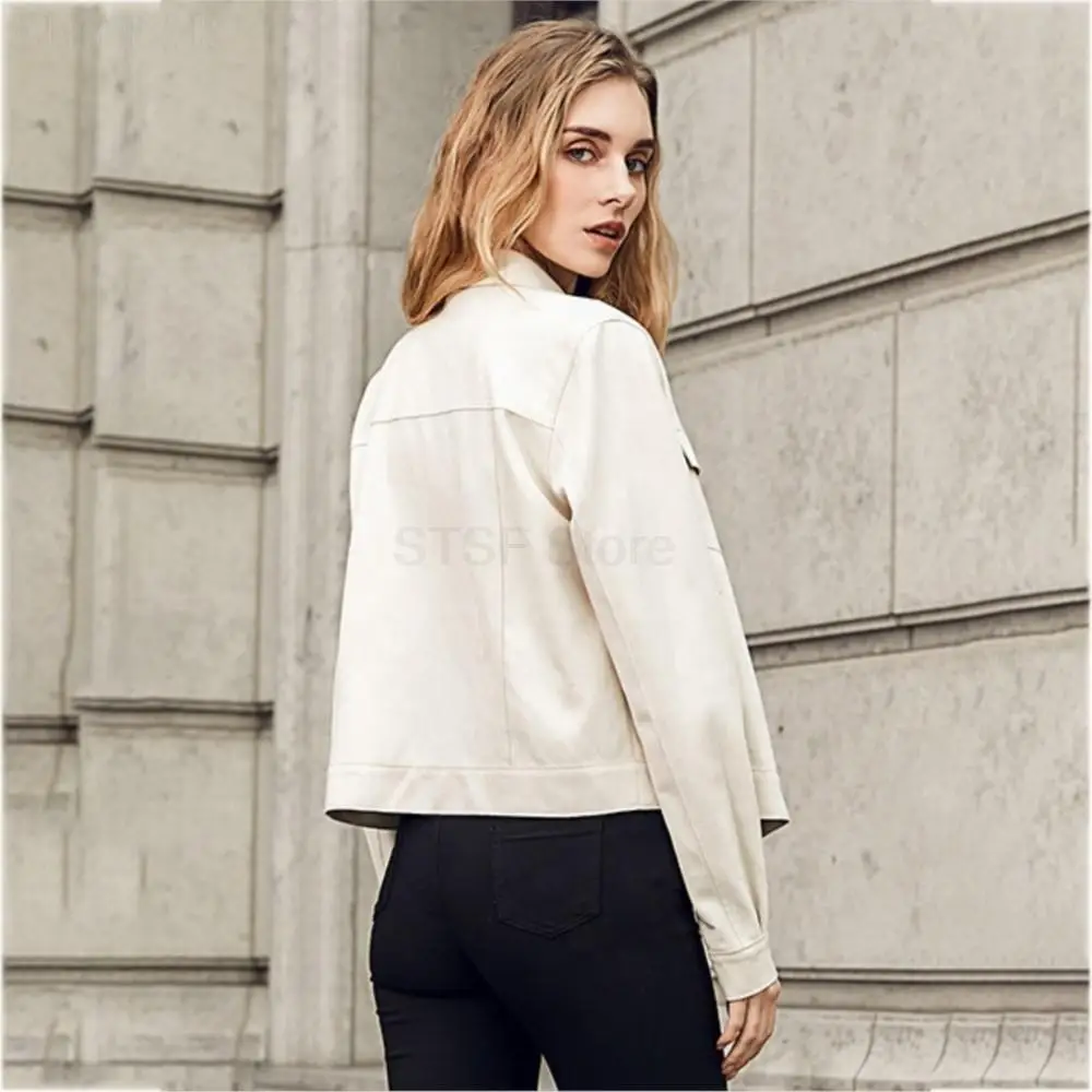 Women Winter Genuine Leather Lapel Jacket Button Belt Pocket Pure Color Coat Fashion Designer Long Sleeve Leisure Lady Top