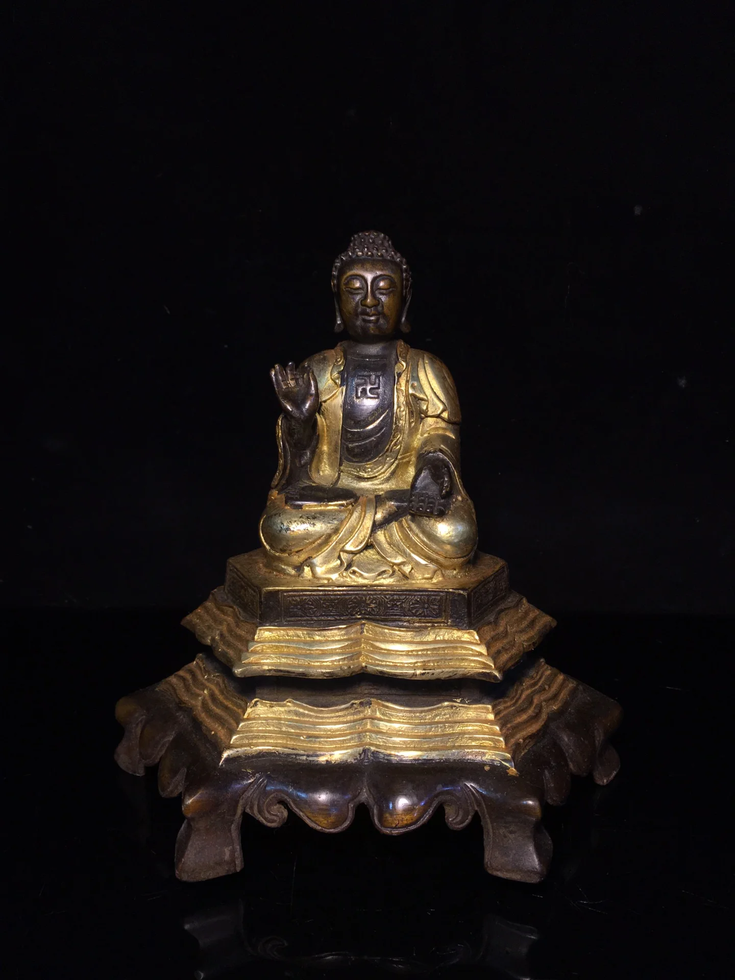 

Коллекция тибетских храмов 8 дюймов, старинная бронзовая позолоченная Шакьямуни Амитабха, трехэтажная платформа в виде лотоса, семейный Эк...