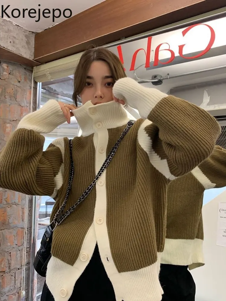 

Корейский шикарный контрастный женский кардиган, осенне-зимний ленивый строгий свободный свитер, новая коллекция 2022 года