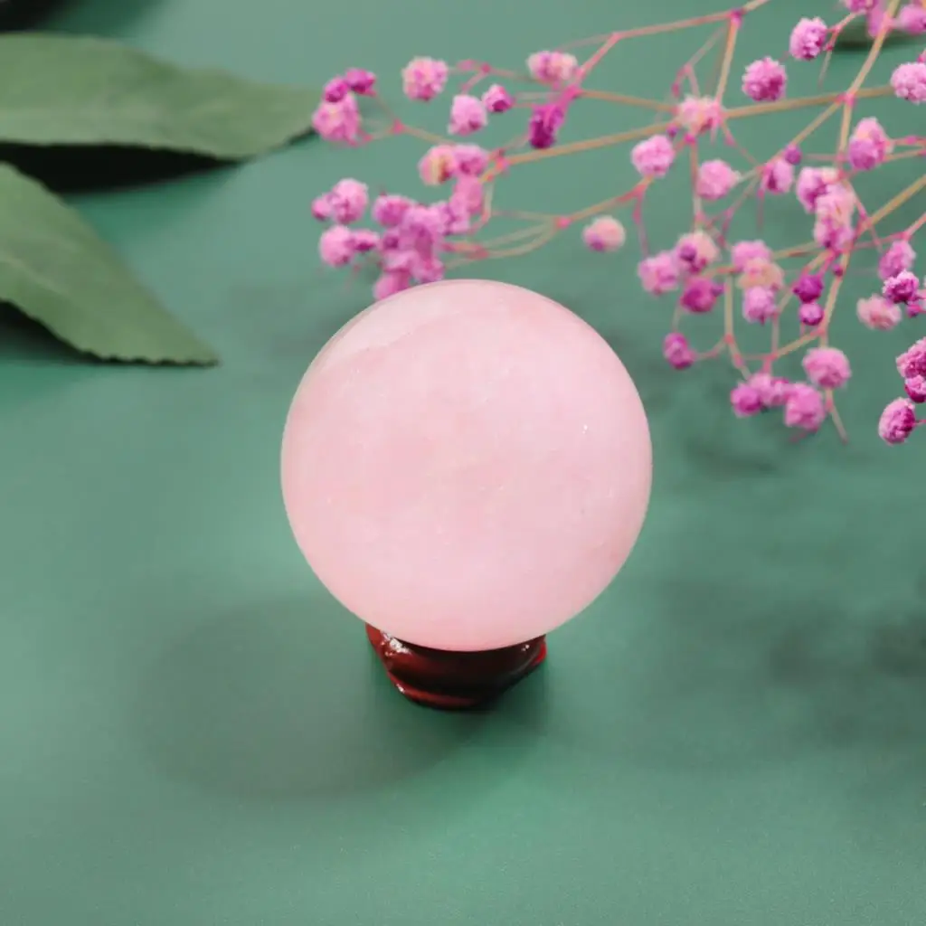 Natural Rose Quartz Sphere Gemstone Ball With Wooden Stand Reiki Healing Sculpture Figurine Desktop Decor Home Ornaments