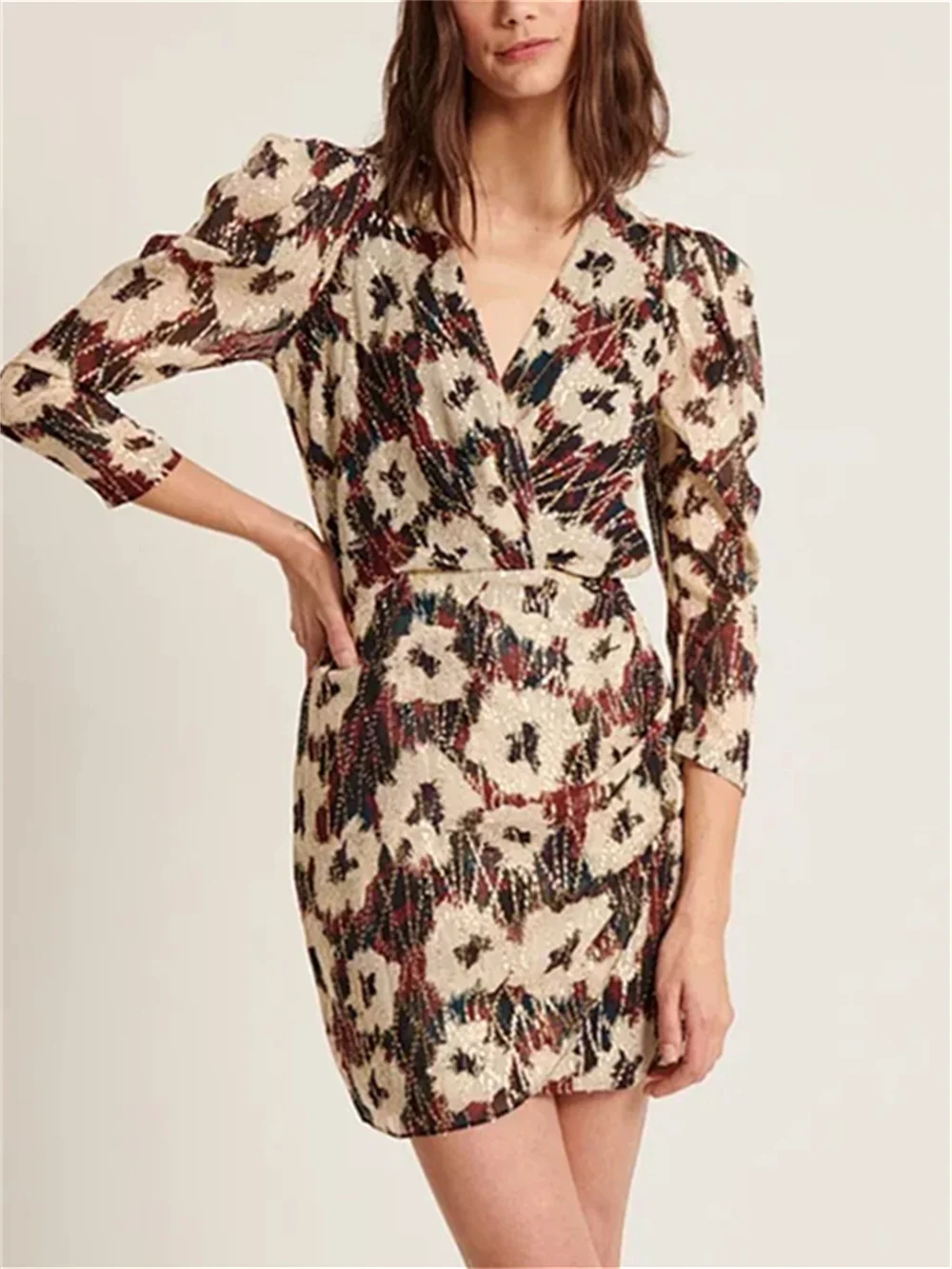 

Women Vintage Floral Printed Slim Dress Summer 2023 New French Ladies All-Match V-Neck Long Sleeve Elegant Mini Robe