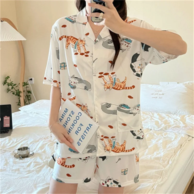 Cartoon Pajamas Set Casual Sweet Sleepwear For Women Pink Elastic Pyjama Women's Fashion Short Cute Homewear Clothes Big Size