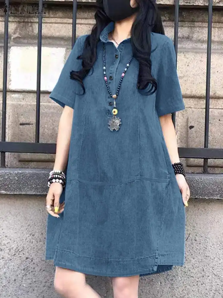 

ZANZEA 2024 Dress Women Summer Fashion Vestidos Lapel Short Sleeve Oversized Knee Length Solid Thin Dresses Casual Streetwear