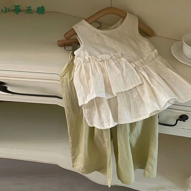 

Children Sets Elegant Korea Girl Clothing Summer Style Shirt Vest Wide Leg Pants Irregular Pretty Lively Sleeveless