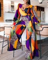 leopard print v neck lantern sleeve belted jumpsuit women summer 2022 new fashion