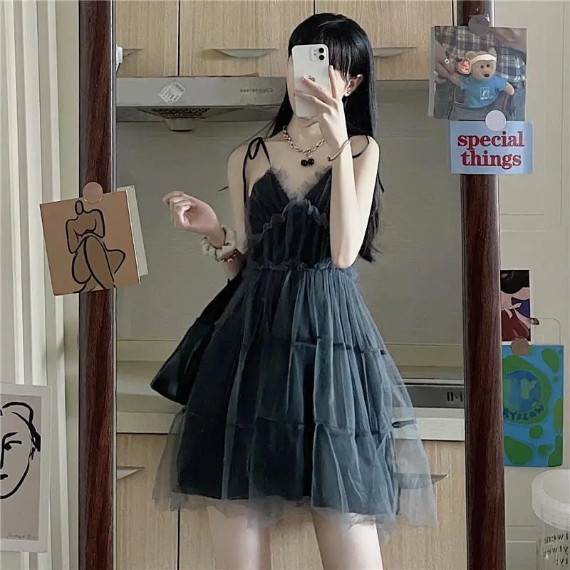 

Black Gothic Elegant Dress Women Vintage Mesh Patchwork Lace Up High Waist Slip Dresses Y2k Harajuku Mall Goth Partywear