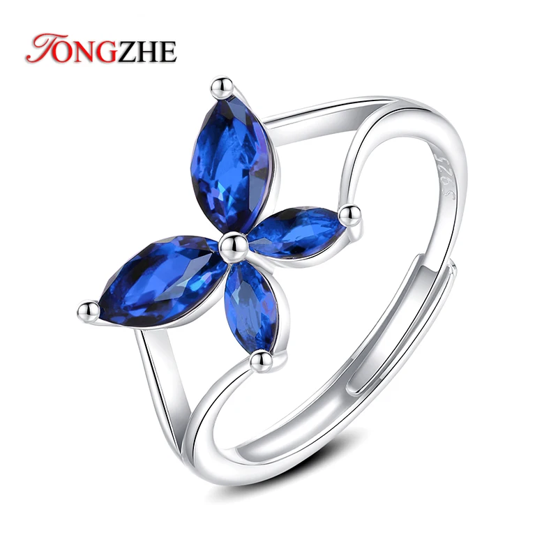 

TONGZHE Gemstone Blue Sapphire Open Rings for Women 925 Sterling Silver Flower Party Wedding Engagement Fine Jewelry Party Gift