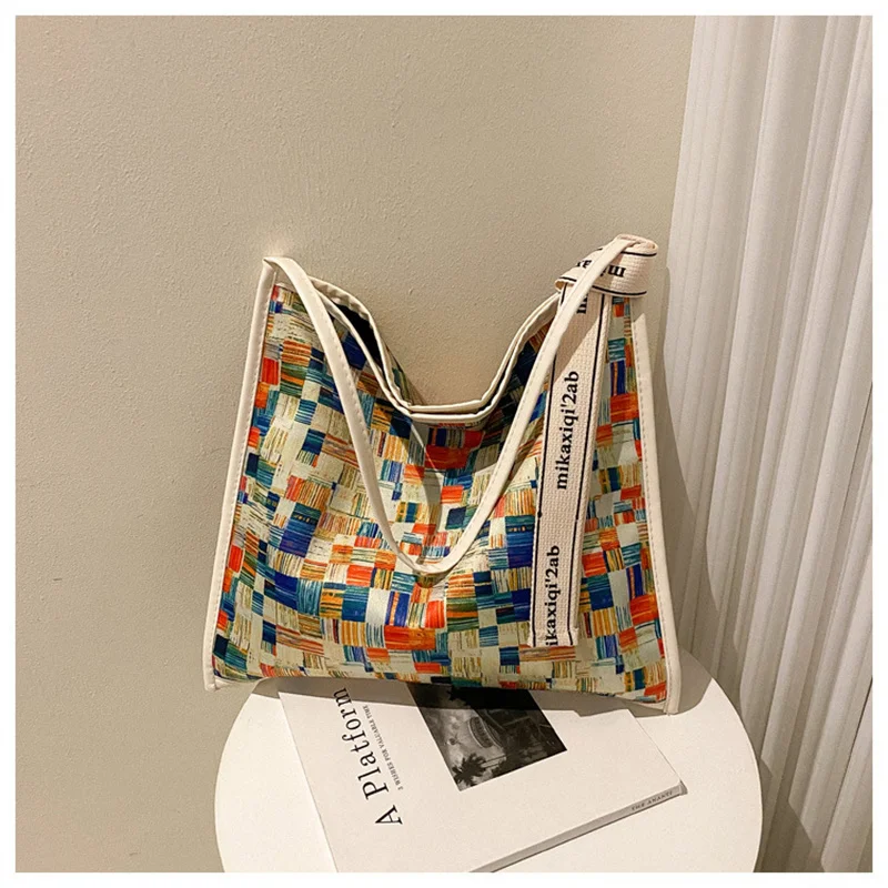 

Canvas Large Capacity Handbag Tote Shoulder Bags for Women Lady Messenger Bag Pack Colorful Plaid Bag