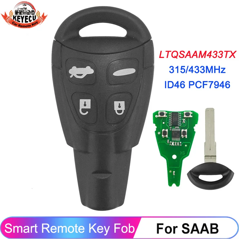 

KEYECU 315MHz 433MHz Car Remote Control ID46 PCF7946 Chip For SAAB 9-3 9-5 93 95 2003-2011 LTQSAAM433TX Smart Key Insert Blade