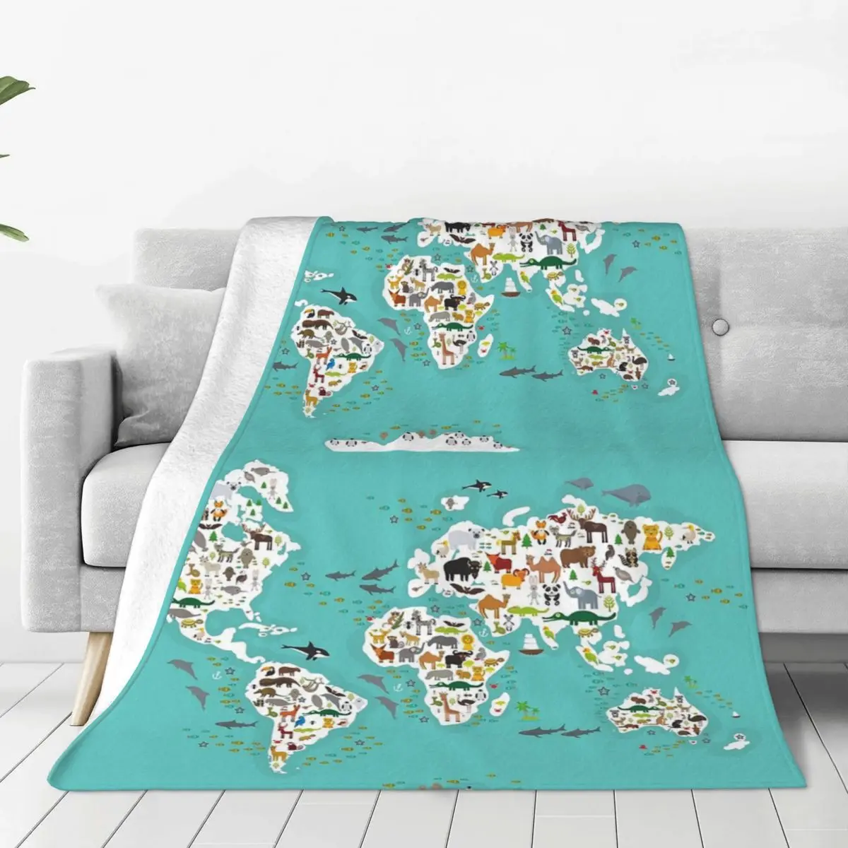 Мультяшные животные карта мира для детей и одеяла фланелевые покрывала дивана