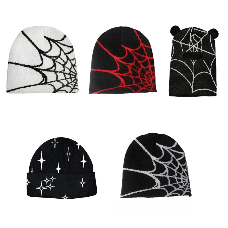 

F42F Y2K Beanie knit Beanie Hat Spider Web Hat Y2k Baggy Slouchy Skullies Beanie