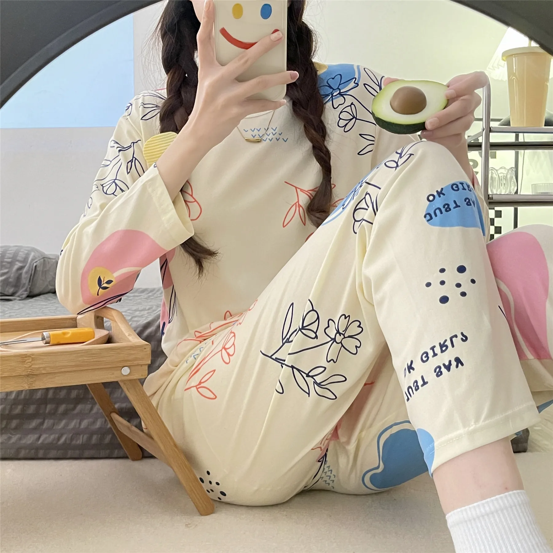 

Pajamas Women's Long-sleeved Cartoon Sweet Loose Plus-size Trousers Home Service Spring and Autumn Nightwear Sleepwear Nightie