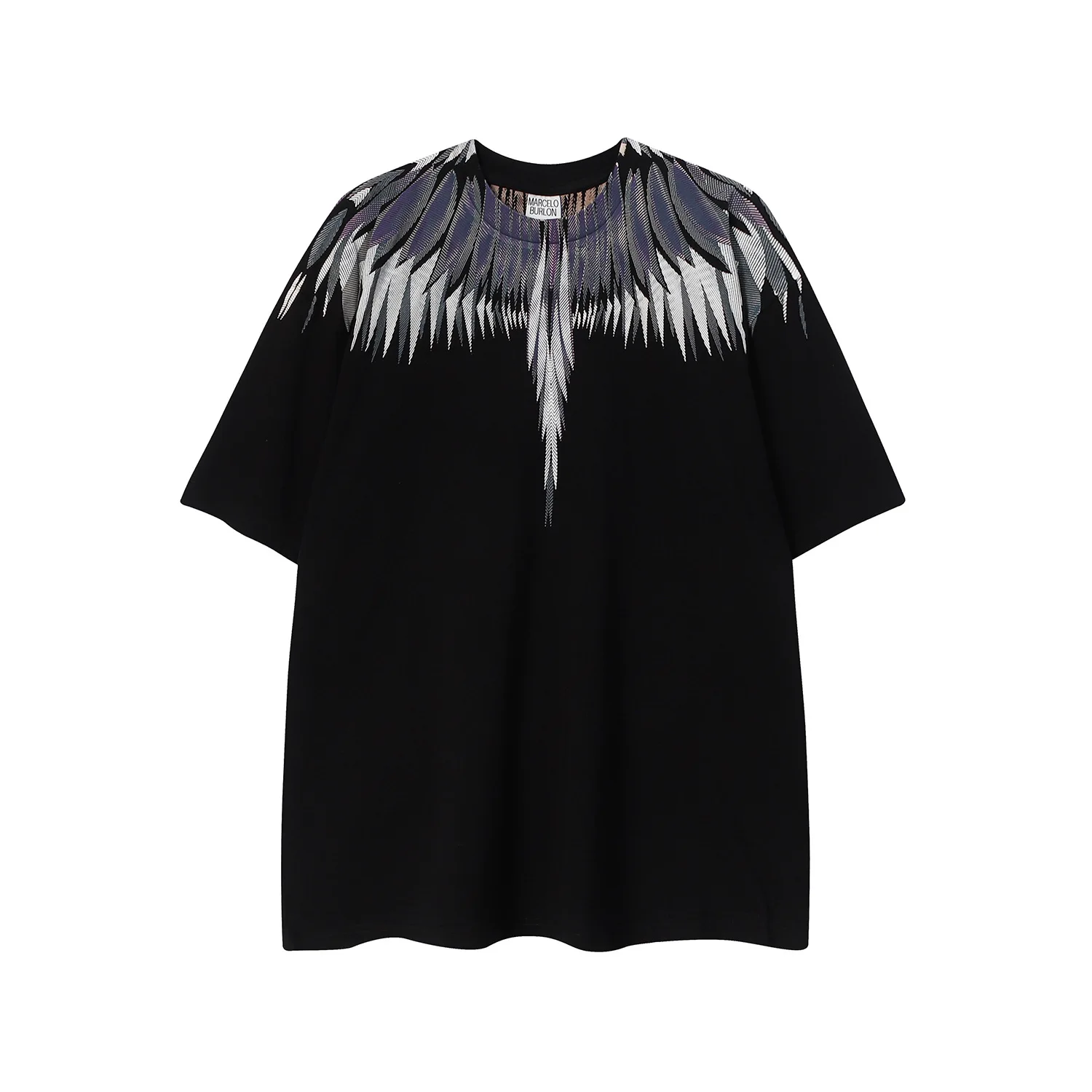 

1:1 Super high qual MB short sleeve gradient color wings T-shirt male and female couples black and white feather half sleeve tee