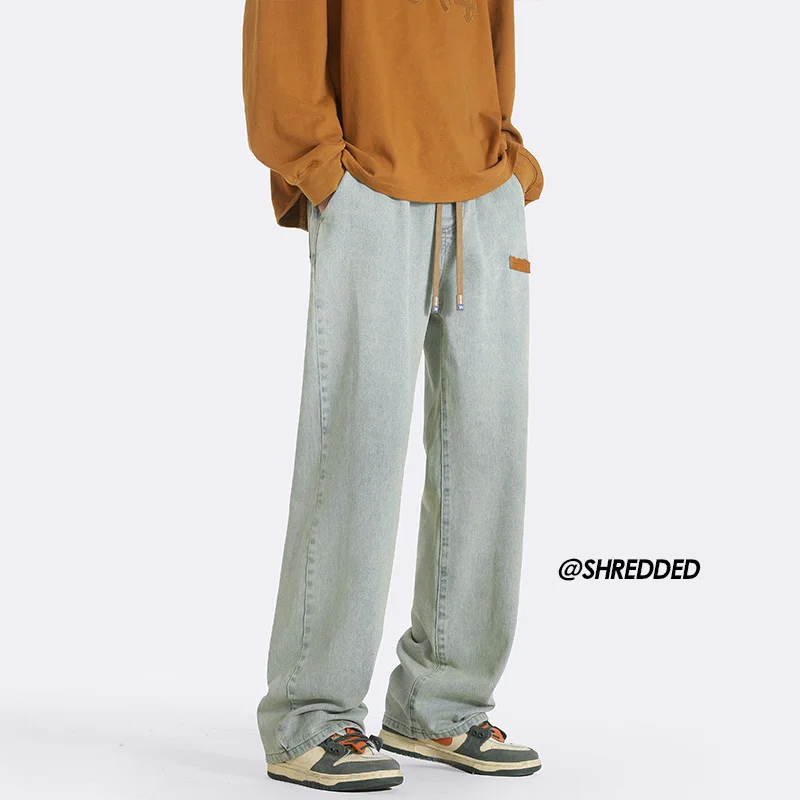 3-color Baggy Jeans Men Fashion Drawstring Casual Straight Jeans Men Japanese Streetwear Hip-hop Loose Denim Pants Mens Trousers