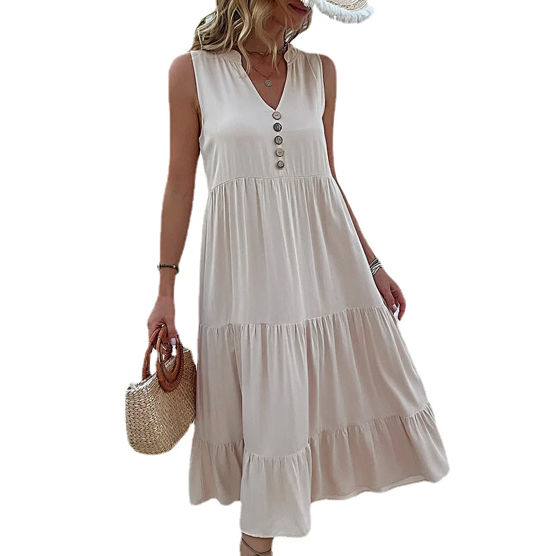 

Casual Summer Midi Dress Women Sleeveless Tank V Neck Buttons Ruffle Loose Dresses Beach Soild Sundress Fashion