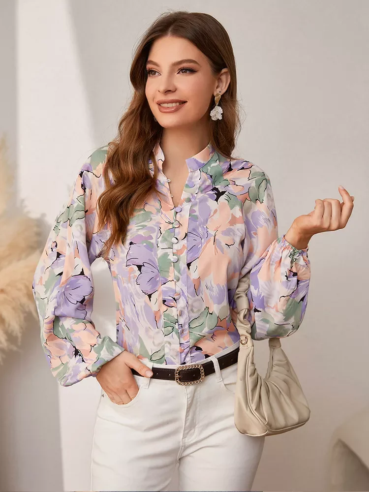 

NEW 2023 Holiday buttons lantern sleeves printed women shirt Autumn casual long sleeve beach blouse Loose female elegant shirts