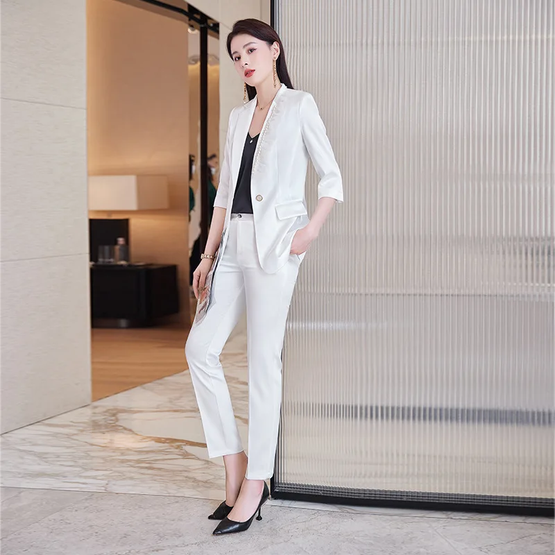 IZICFLY New Style Blue Summer Half Beading Office Blazer And Pants Set For Women 2022 Work Wear Business OL 2 Piece Suit Outfits