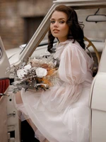 boho puff sleeves ruffled neckline wedding dress custom sexy mini short organza bride gown with bow robe de mari%c3%a9e wedding gown
