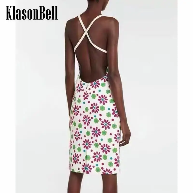 

5.5 KlasonBell Temperament Flower Print Sexy Backless Criss-Cross Spaghetti Strap Square Collar Slim Holiday Dress Women