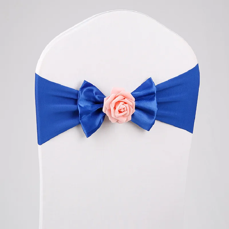 

10pcs Wedding Chair Bows Ties To Decorate Back Covers for Party Events Dining Room Spandex Satin Ribbon Home Hotel Pink Flower