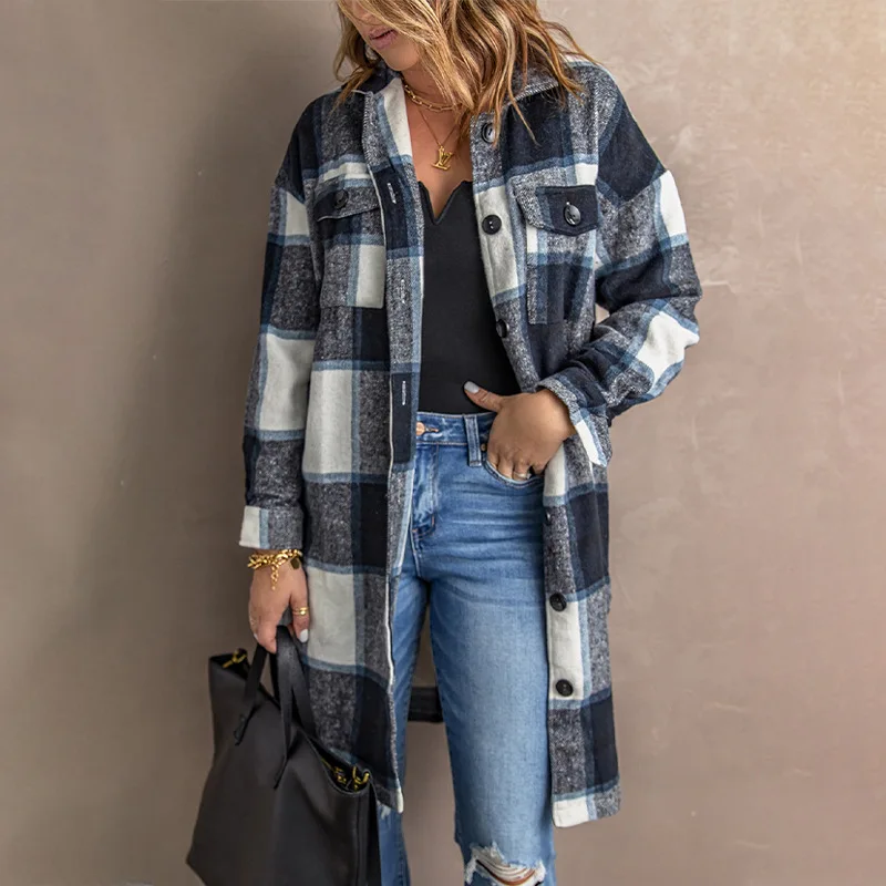 Plaid woolen overcoat for women in autumn and winter New style lapel knitted long casual woolen overcoat for women