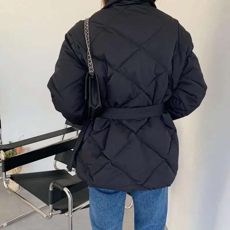 GUUZYUVIZ Winter Parkas For Women Casual Turtlenck Pocket Bandage Coat Women 2022 New Solid Diamond Thicken Warm Jacket Outwear