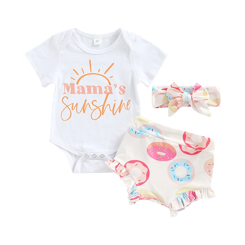 

Bmnmsl Infant Girls Three-piece Layette White Short Sleeve Romper Doughnut Print Shorts and Headdress
