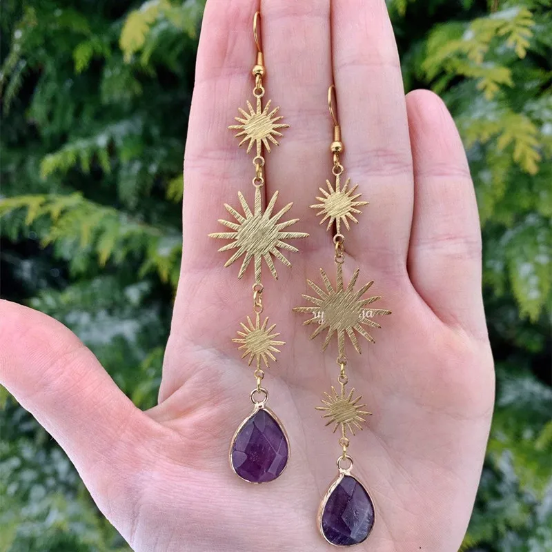 

Fashionable Long Style Sun Burst Star Amethyst Bold Declaration Dangerous Charm Earrings, Crystal Yana, Jewelry, Gifts for Her