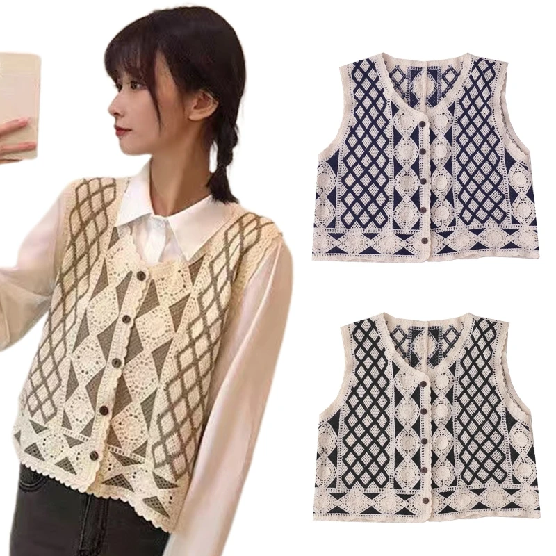 

28TF Women Vintage Argyle Diamond Plaid Crochet Sweater Vest Waistcoat Sleeveless Knitted Button Down Cropped Cardigan Jacket