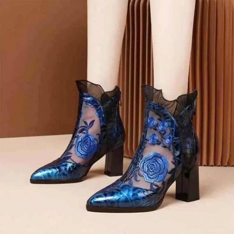 

High Heels Mesh Sandal Ankle Boots Summer Women Hollow Out Embroidered Lace Breathable Booties Pumps Chunky Women's Shoes 42