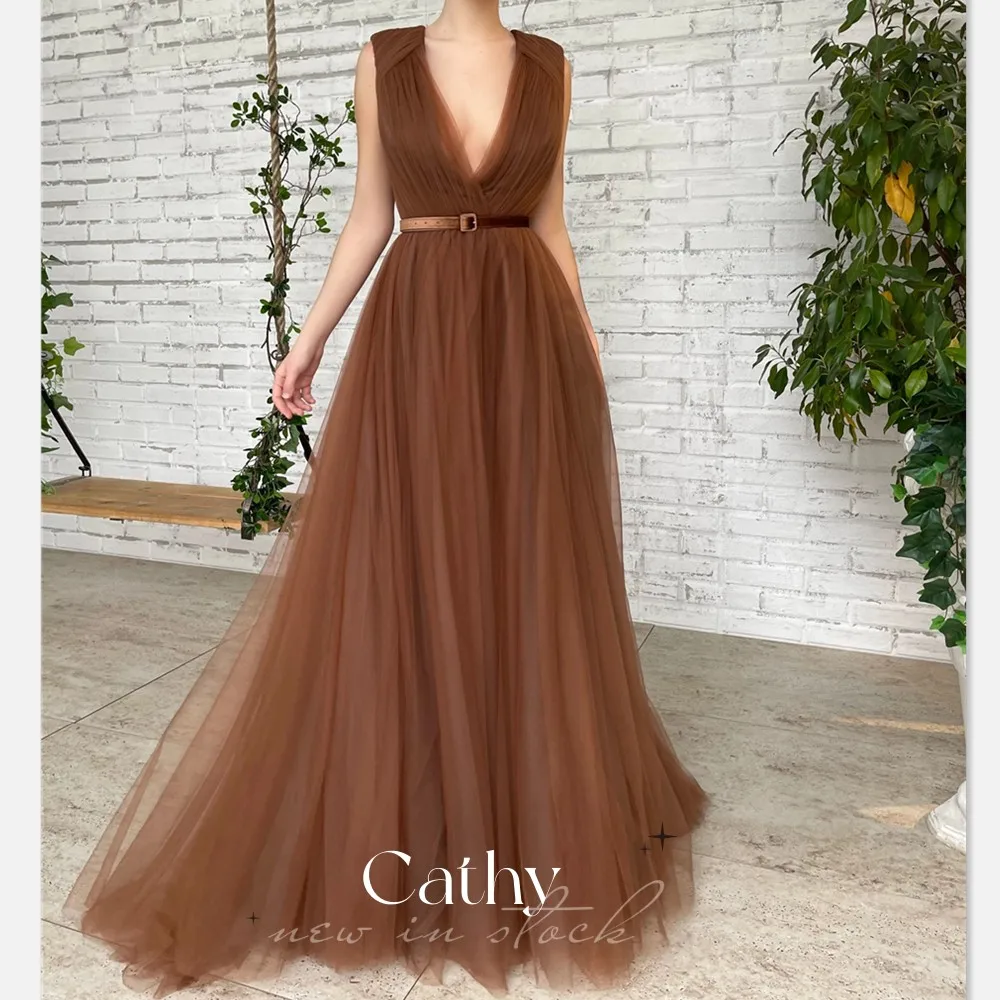 

Cathy Simple Tulle Long Evening Dress V-Neck Sleeveless with Velvet Belt Ball Gown Formal Party Dress Vestidos De Fiesta
