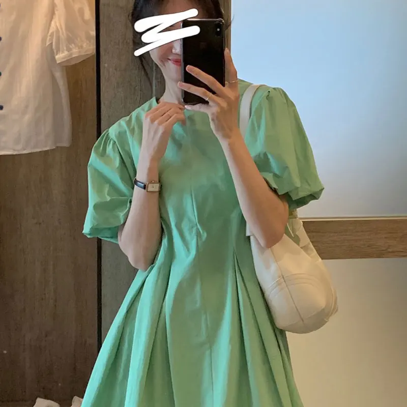 

Мини-платье женское летнее с круглым вырезом, модная простая свободная повседневная одежда в Корейском стиле ins, с рукавами-фонариками, для колледжа